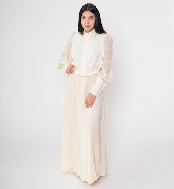 70s Prairie Dress Cream Victorian Maxi Dress Eyelet Lace Bib Puff Sleeve Cottagecore Boho Bridal Wedding Gown Vintage 1970s Miss K Small