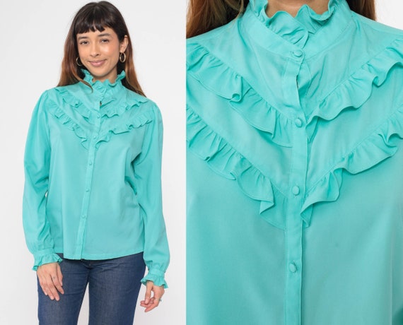 Turquoise Ruffled Blouse 70s Puff Sleeve Shirt Bu… - image 1