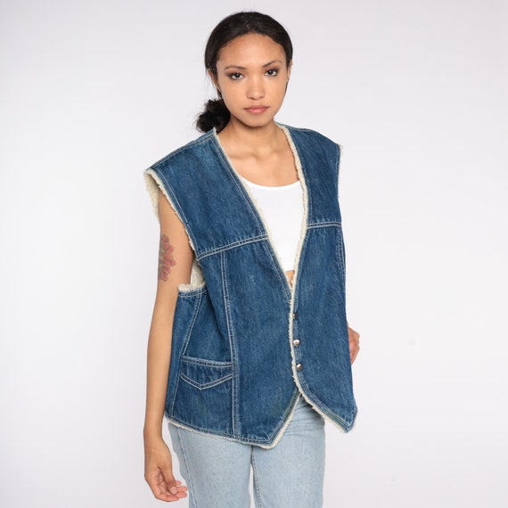 Denim Shearling Vest 70s Sherpa Denim Vest Retro … - image 4