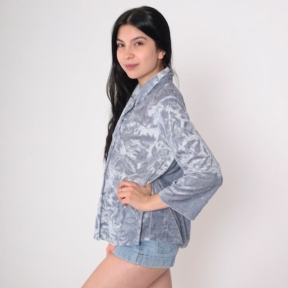 Floral Velour Shirt 00s Blue Button Up Blouse Flower Print 3/4 Long Sleeve Top Boho Hippie Textured Collared Blouse Vintage Y2K Medium Large