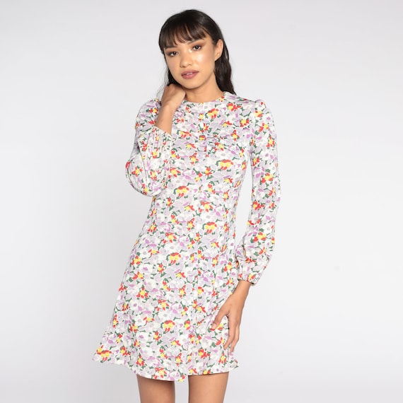 Vintage Mod Floral Dress Puff Sleeve Dress 70s Mini Hippie Dress Boho 60s Bohemian Shift Dress Gogo Striped Twiggy Extra Small xs