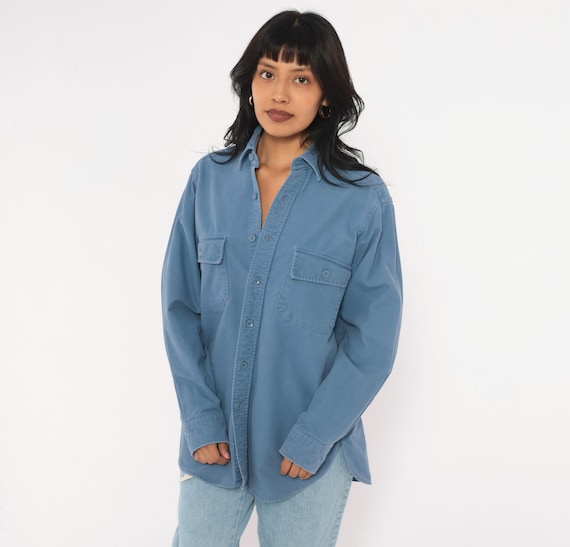 90s L.L.Bean Blue Work Shirt Cotton Long Sleeve Chest Pocket Collared Fit Grunge Flannel Dark Academia Gorpcore Mens Medium Womens Large