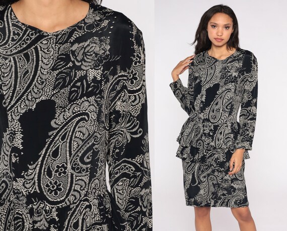 80s Floral Paisley Dress Black and White Peplum D… - image 1