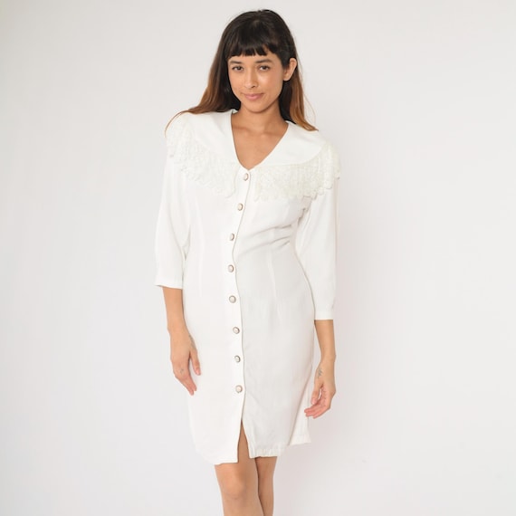 Vintage White Mini Dress 90s Lace Collar Button Up Sheath Dress 3/4 Sleeve Dress Going Out Fitted Simple Dress Retro Girly 1990s Medium 7/8
