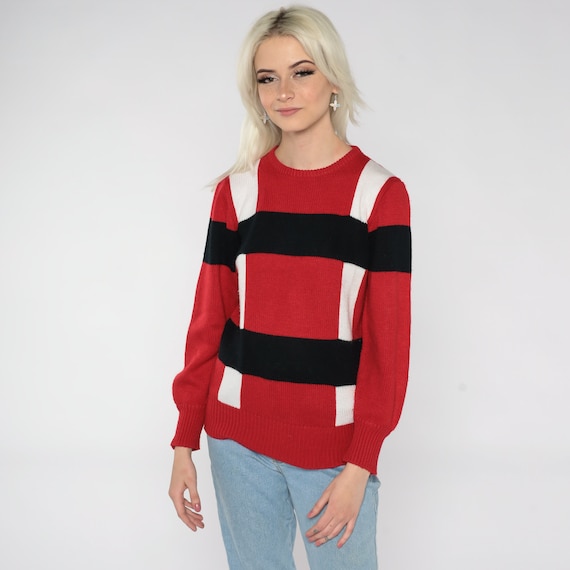 Striped Red Sweater 80s Knit Black White Color Block Checkered Ski Jumper 1980s Retro Crewneck Pullover Vintage Knitwear 1980s Small S