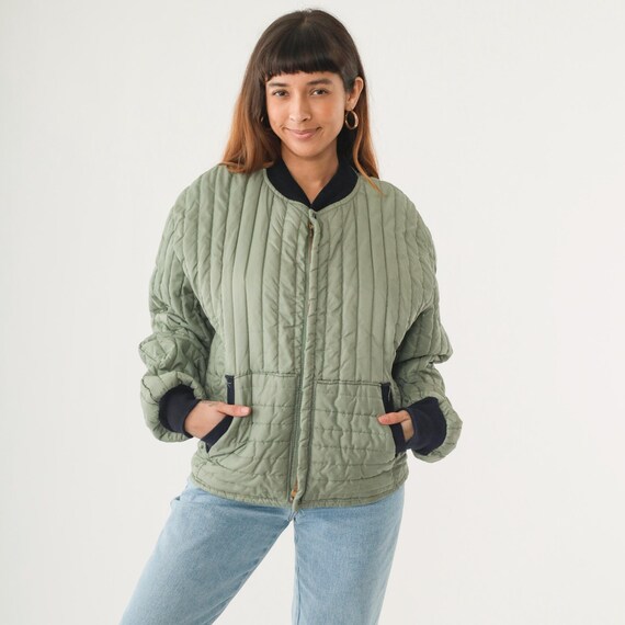 Vintage 70s Quilted Liner Jacket Towncraft Bomber Jacket Sage Green Zip Up Thermal Insulated Puffy Retro Coat 1970s Work Wear Men's Large