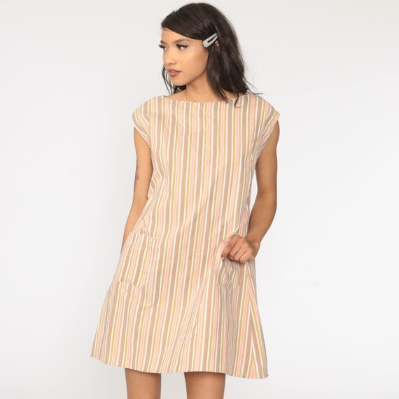 Vintage Mod Mini Dress 60s Striped Brown Pink Shift 1960s Twiggy Dress Day Dress Scooter Sleeveless Medium