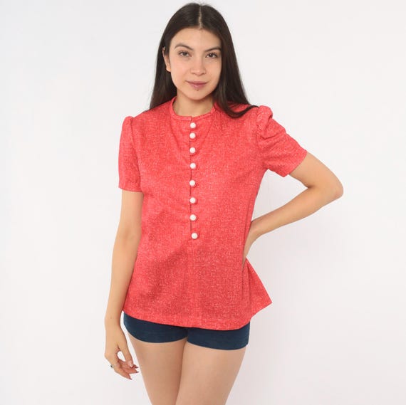 70s Red Puff Sleeve Blouse White Button Front Mandarin Collar Top Feminine Coquette Tomato Girl Summer Shirt Vintage Short Sleeve Medium M