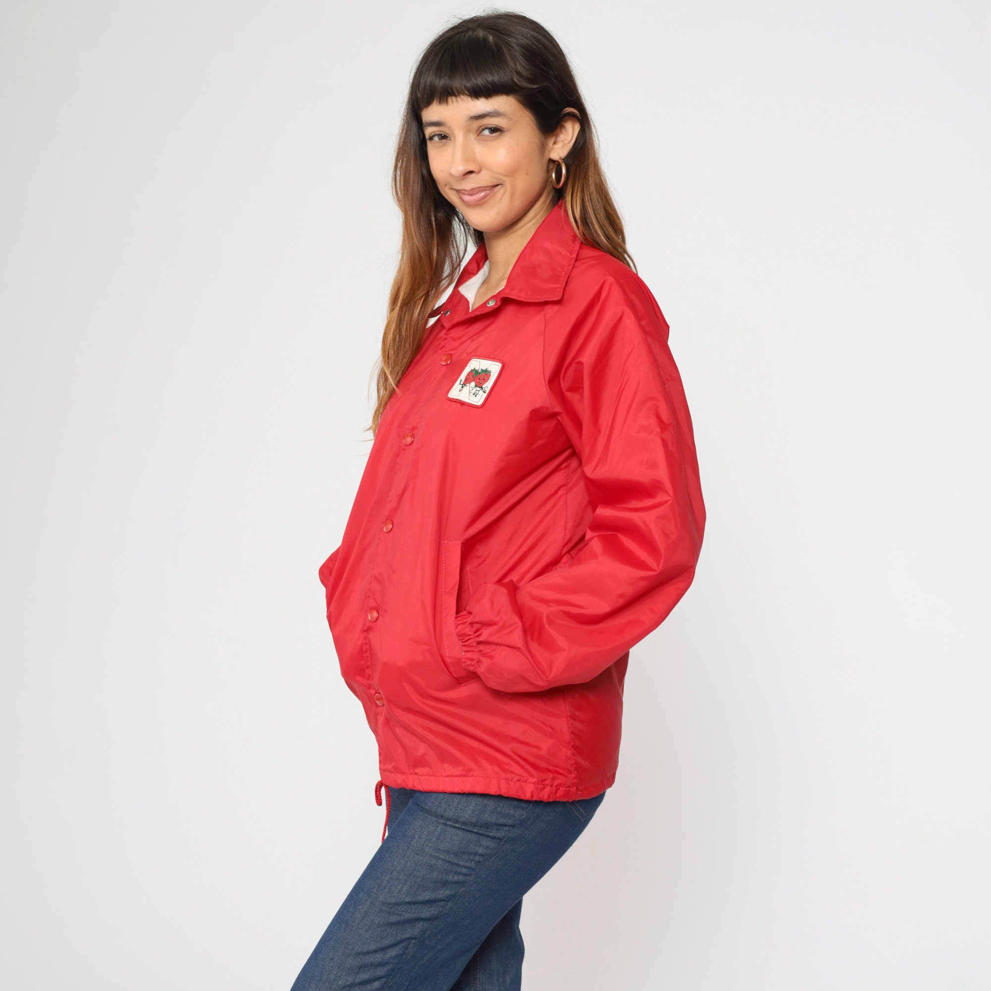 70s Windbreaker Jacket Red Strawberry N Patch Snap Button up 70s Windbreaker Jacket Red Strawberry N Patch Snap Button up