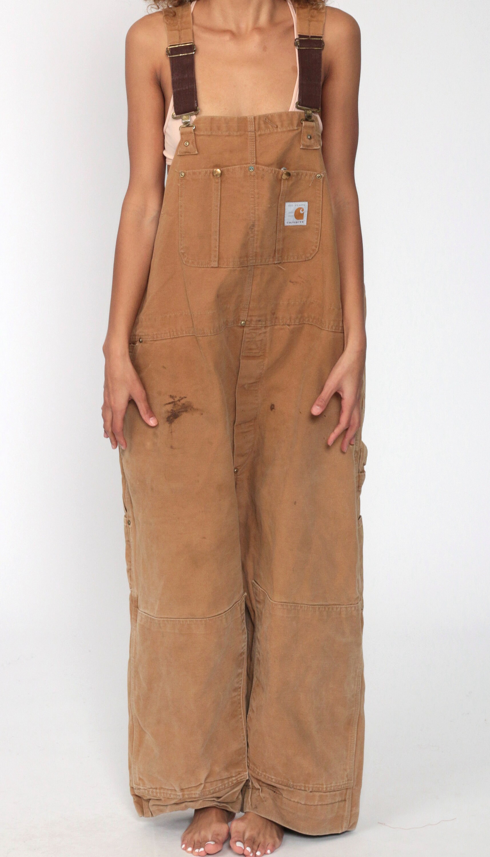 80s Carhartt Overalls 1989 Brown Streetwear Cargo Dungarees Tan Coveralls Workwear Utility Wide 