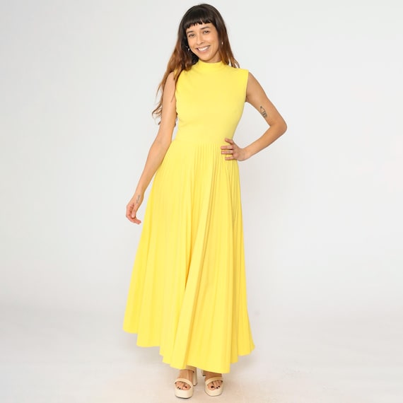 Vintage 70s Yellow Maxi Dress Mod Pleated Gown Retro Party Dress Long Sleeveless High Waisted Seventies 1970s Small S