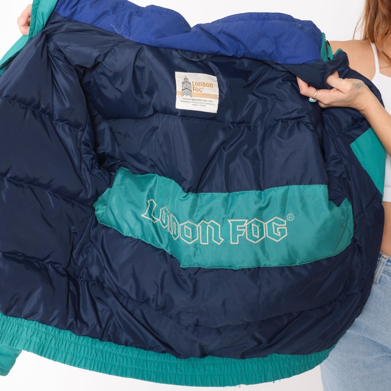 K&ouml;nnte beinhalten: Eine blaue und t&uuml;rkisfarbene Steppjacke mit einem London Fog-Logo auf der Innenseite. Die Jacke hat ein gestepptes Futter und einen Rei&szlig;verschluss.