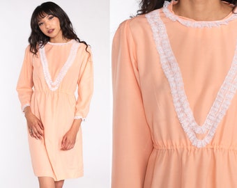 70s Mini Dress Peach Puff Sleeve LACE Dress Boho Bib High Waisted Party Long Sleeve 1970s Bohemian Vintage Pastel Babydoll Medium