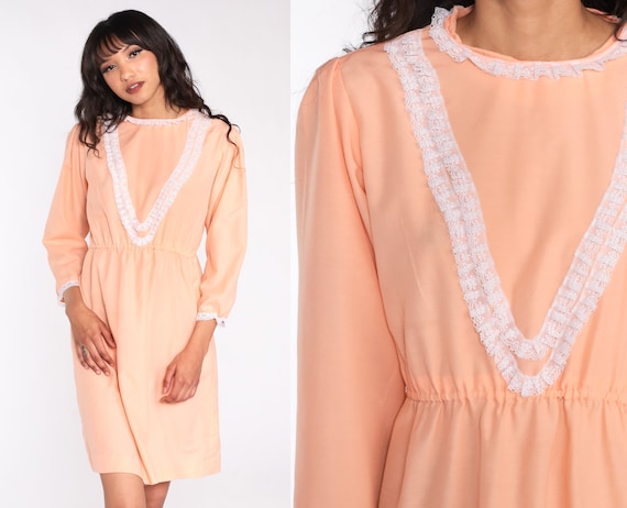 1970s Peach Chiffon Epic Sleeves Maxi Dress | x-small