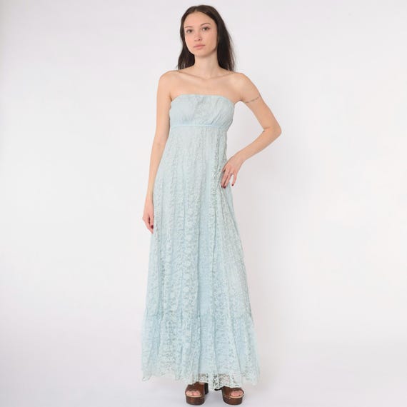 Vintage Light Blue Lace Dress 70s Strapless Maxi Dress Empire Waist Boho Gown Bridal 1970s Formal Pastel Dress Powder Blue Extra Small xs s