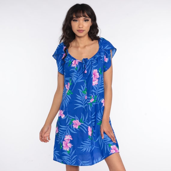 Hawaiian Mini Dress 70s 80s Blue Floral Dress Puff Tulip Sleeve Shift Tent Dress 1980s Boho Summer Tropical Vintage Bohemian Large