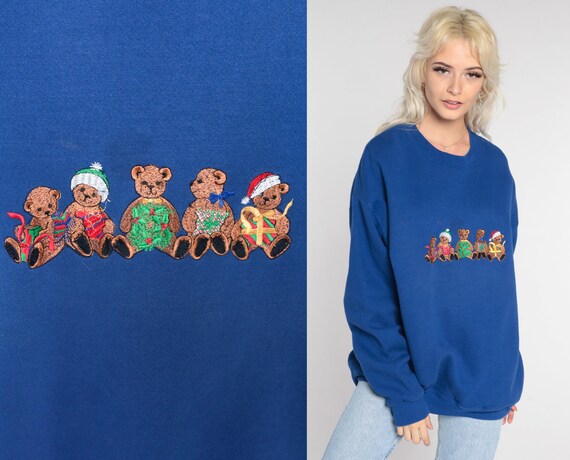 Christmas Sweatshirt TEDDY BEAR Shirt Royal Blue Xmas Sweater 90s Animal Print Crewneck 1990s Ugly Xmas Vintage Teddybear Extra Large xl