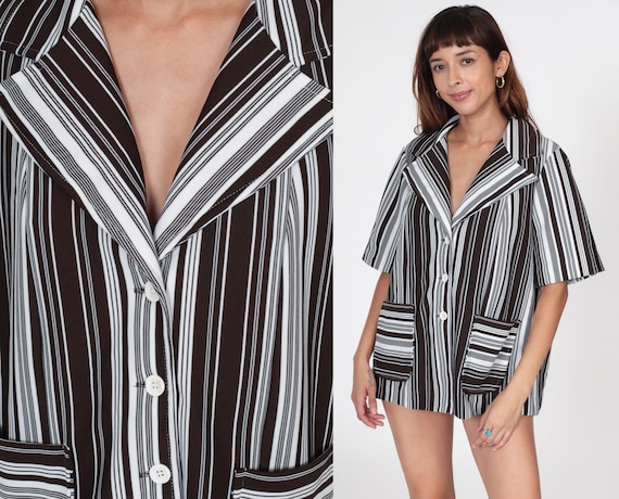Brown Striped Shirt 70s White Striped Top Short Sleeve Shirt White Button Up 1970s Collared V Neck Pocket Polyester Knit Extra Large xl