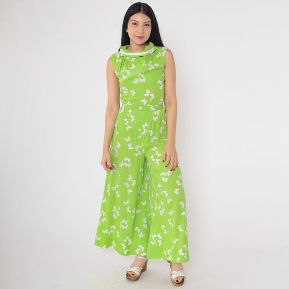 70s Butterfly Jumpsuit Boho Green Wide Leg Palazzo Pants Hippie Sleeveless 1970s Disco Vintage Bohemian Mock Neck Small