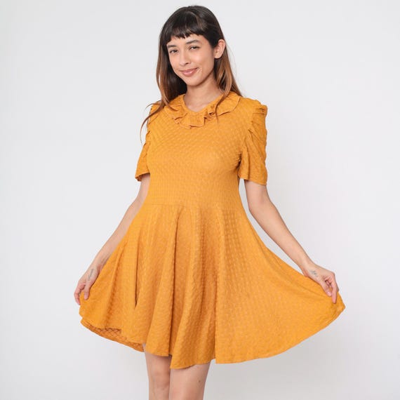 Vintage 1960s Fit and Flare Dress Marigold Orange with Ruffled Collar Mini Dress Puff Sleeves Textured Knit Pattern 1960s Small Medium