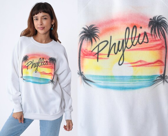 Phyllis Sweatshirt 80s Neon Airbrush Sweatshirt Tropical Island Palm Tree Beach Sunset Graphic Shirt White Raglan Sleeve Vintage 1980s XL