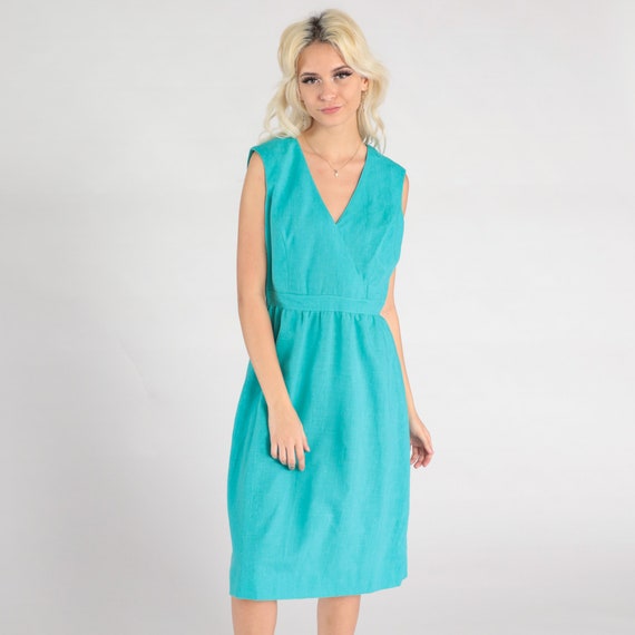 70s Midi Dress Turquoise Blue Deep V Neck Dress 1970s Mod High Waist Sleeveless Secretary Retro Vintage Day Medium 8