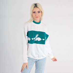 Kanintröja Metallisk kanintröja 80-90-tal Vit blågrön djurtröja Hjärtringad dubbelkrage Grafisk skjorta Kawaii Vintage Stor bild 5