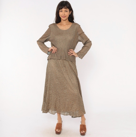 90s Metallic Knit Dress Onyx Nite Bronze Shimmer Lace Floral Skirt Long Sleeve Sweater Top Maxi Taupe Gold Evening Party Vintage Large L
