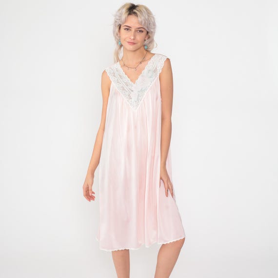 Vintage Shadowline Nightgown 80s Pink Nylon Lace Appliqué Sleeveless Midi Nightie Full Sweep 1980s Lingerie Made in USA Large