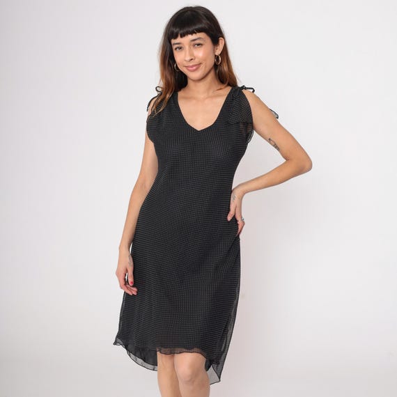 Black Swiss Dot Dress 90s Midi Sleeveless V Neck Chiffon Romantic Feminine Party Cocktail Date Night Asymmetric Flowy Sheer Elegant Medium M