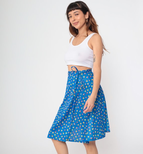Blue Floral Wrap Skirt 70s Ditsy Print JC Penney Tie Waist A Line Mini Vintage Small Flowers Yellow Red Preppy Prairie Boho Smal Medium M