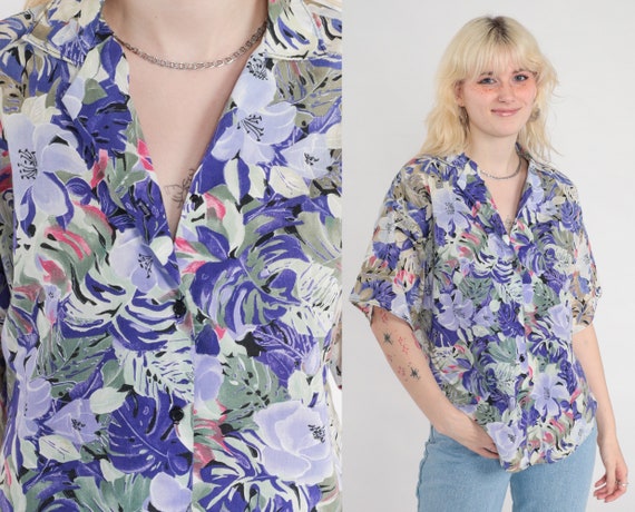 Floral Button Up Blouse 80s 90s Shirt Purple Green Short Sleeve Top Tropical Flower Print Retro Hippie Bohemian 1980s Vintage Medium