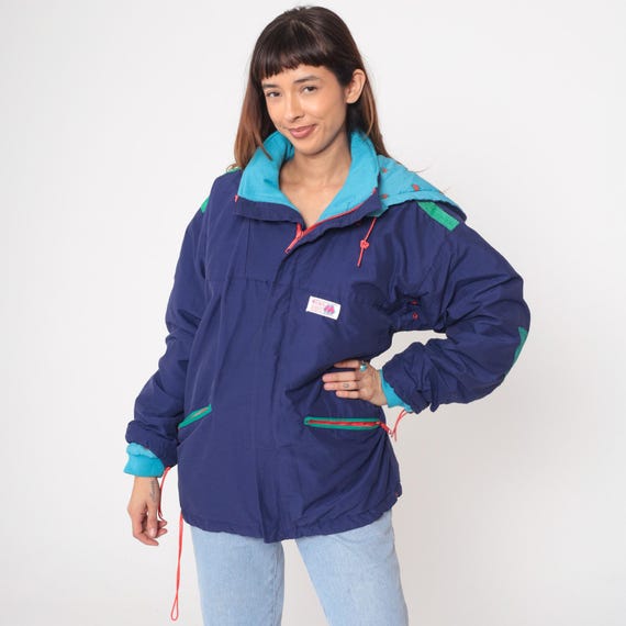 80s Colorblock Windbreaker Blue Turquoise Hooded Zip Up Athletic Track Jacket Vintage Sports Teal Red Accent Cord Drawstring Waist Small S