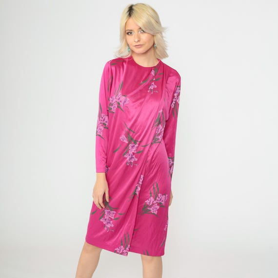 70s Floral Dress Bright Pink Tropical Dress Shift Midi Draped Panel Boho Long Sleeve Vintage 1970s Botanical Bohemian Medium
