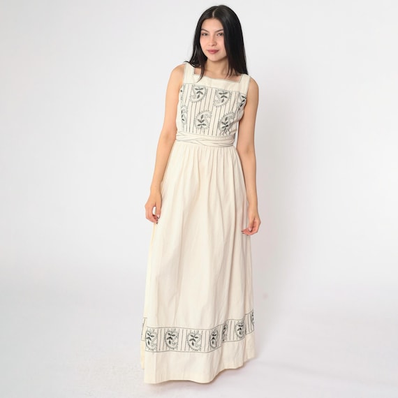 Vintage 70s Boho Wrap Dress Cream Paisley Embroidered Maxi Hippie Gown 1970s Sleeveless High Waist Cottagecore Bohemian Small Medium