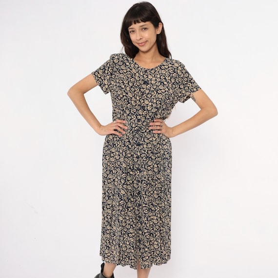 90s Floral Summer Dress Midi Dark Blue Cream Print Short Sleeve Cottagecore Prairie Dark Floral Vintage Modest Spring Day Dress Medium M