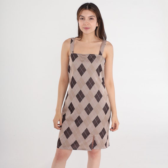 Argyle Sun Dress Tan Checkered Plaid Dress Y2K Sundress Mini Summer Dress Sun 00s Spaghetti Strap Vintage Shift Boho Sleeveless Small Medium