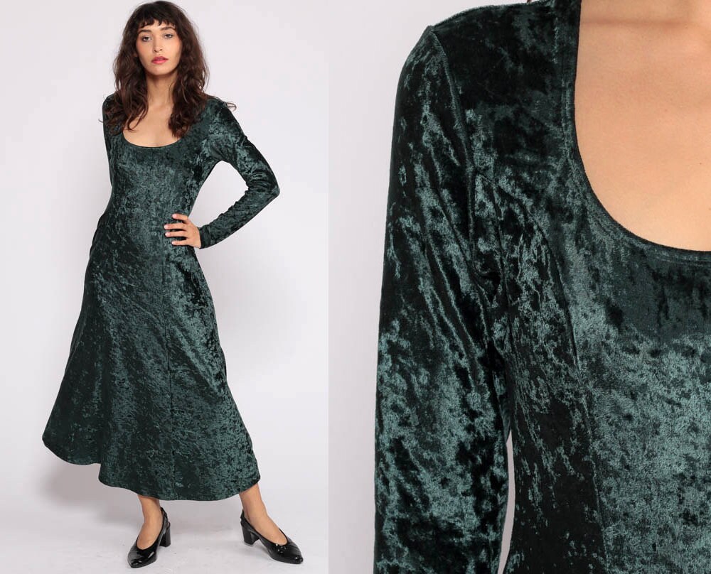 Crushed Velvet Dress 90s Maxi Green 