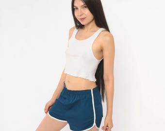 80s Navy Running Shorts White Piping Trim Cotton Athletic Dolphin Hem Track Workout Gym Sporty Dark Blue Short Inseam Vintage Large L