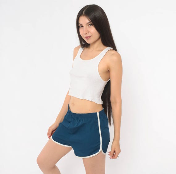 80s Navy Running Shorts White Piping Trim Cotton Athletic Dolphin Hem Track Workout Gym Sporty Dark Blue Short Inseam Vintage Large L