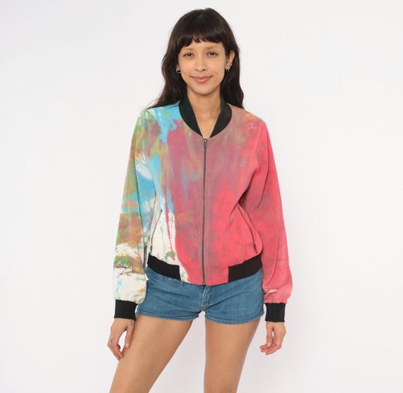 Paint Splatter Bomber Jacket 2000s Mural Abstract Art Print Pink Blue Yellow Multicolor Waistband Colorful Streetwear Top Rainbow Medium M