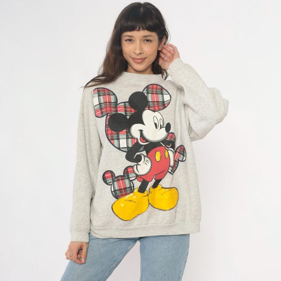 Mickey Mouse Sweatshirt 90s Disney Grey Heather Plaid Tartan Graphic Long Sleeve Pullover Vintage Character Relaxed Fit Extra Large XL