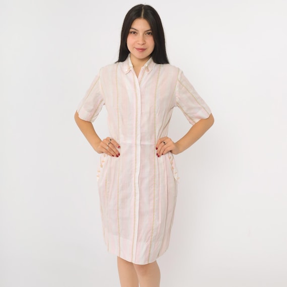 Vintage 60s Pink Striped Dress Rockabilly Midi Floral Sheath 1960s Hourglass Pastel White Zip Up Front Short Sleeve High Waist Small S