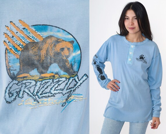 Grizzly Bear Shirt Cooke City Montana Tee 90s Buffalo Shirts Animal TShirt Paw Print Henley Long Sleeve Vintage Retro Graphic 1990s Large