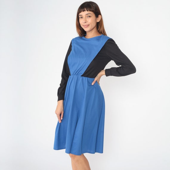 Color Block Dress 80s Midi Dress Blue Black Secretary Long Sleeve High Waisted Vintage 1980s Jersey Dress Casual Elastic Waist Small S