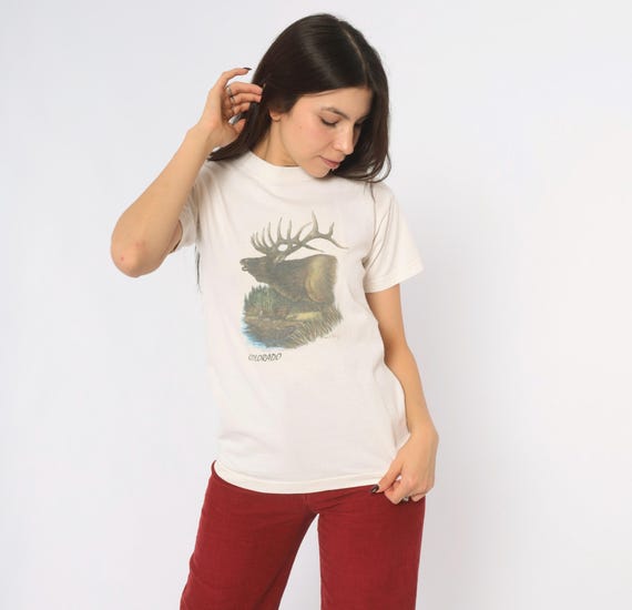 90s Colorado Elk Graphic Tee White Cotton Souvenir Shirt Wildlife Nature Deer Antler Forest Tourist Travel Top Vintage Extra Small XS