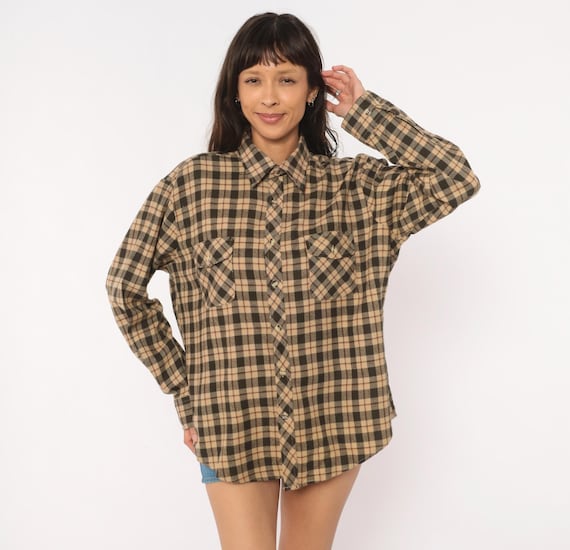 80s Plaid Flannel Shirt High Sierra Tan Brown Check Button Front Dual Long Sleeve Grunge Workwear Earth Tone Beige Sand Vintage Large L