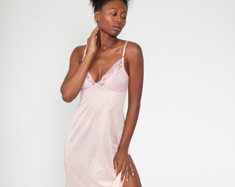 Y2K Lingerie Nightgown Baby Pink Slip Dress Mini Lace Sheer Vintage 00s Spaghetti Strap Sleep Sexy Small Medium  34 36