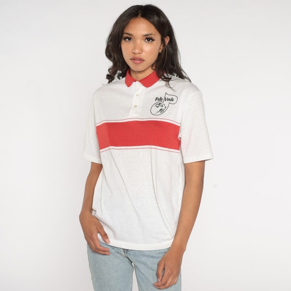 Palo Verde Cougars Shirt 90s Striped Polo Collared Las Vegas High School Shirt Short Sleeve Retro White Red Vintage 80s Medium Large