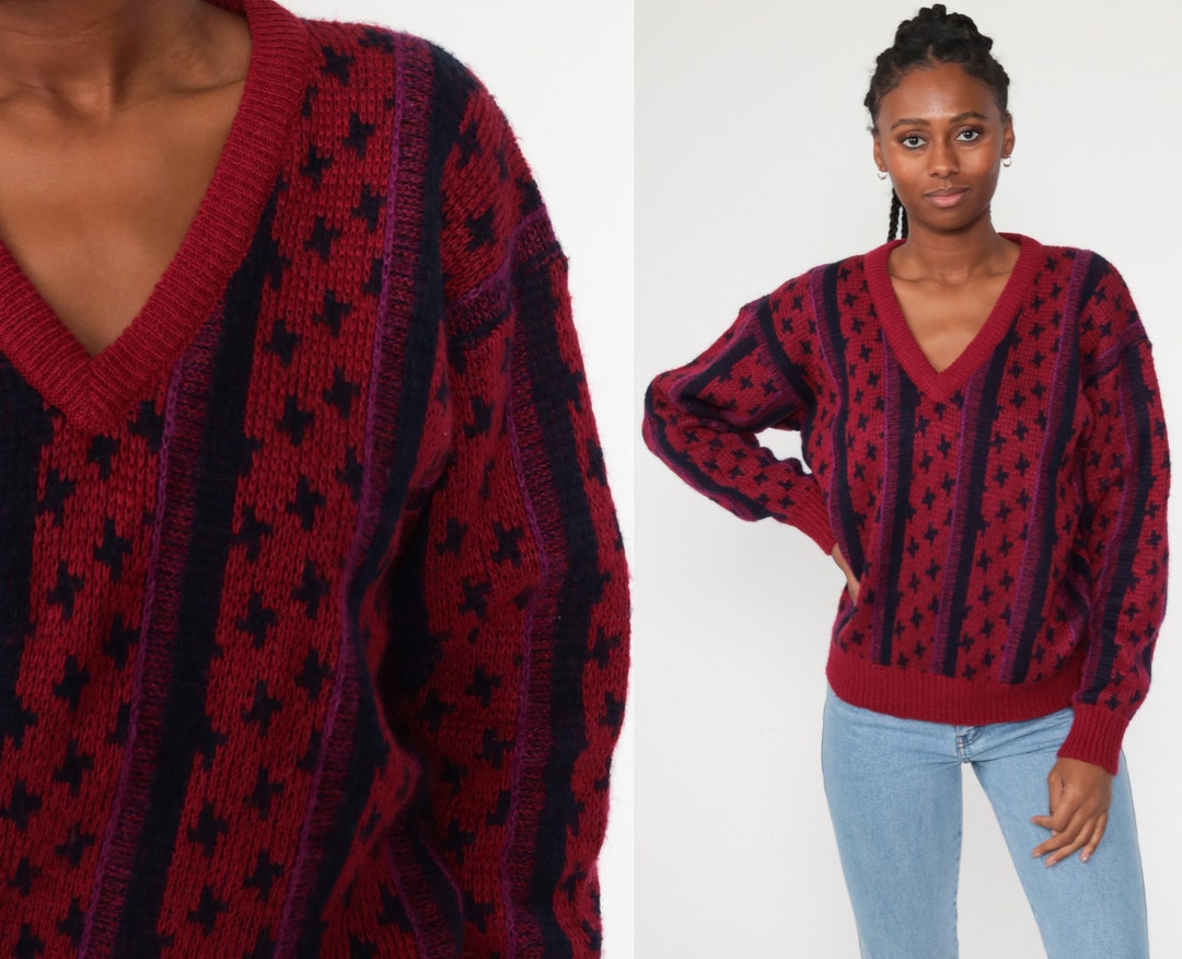 Burgundy Striped Sweater V Neck Sweater Knit Wool Blend Retro Sweater Grandpa 80s Pullover ...